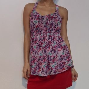 Mesh ruffle floral print blouse tank